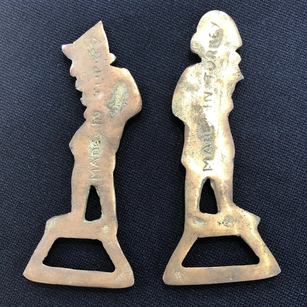 Two Vintage Karagoz & Hacivat Figures Brass Bottle Openers - Barware - Turkey